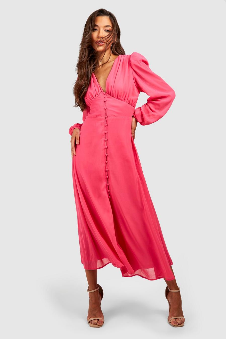 Vestido midi con botones y mangas abullonadas, Pink image number 1
