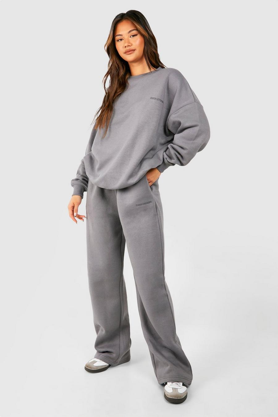 Charcoal Dsgn Studio Embroidered Sweatshirt And Straight Leg Track Pants Tracksuit