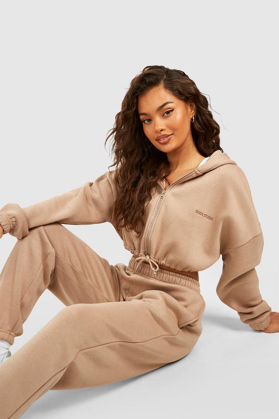 Taupe Cropped Drawstring Hooded Tracksuit 