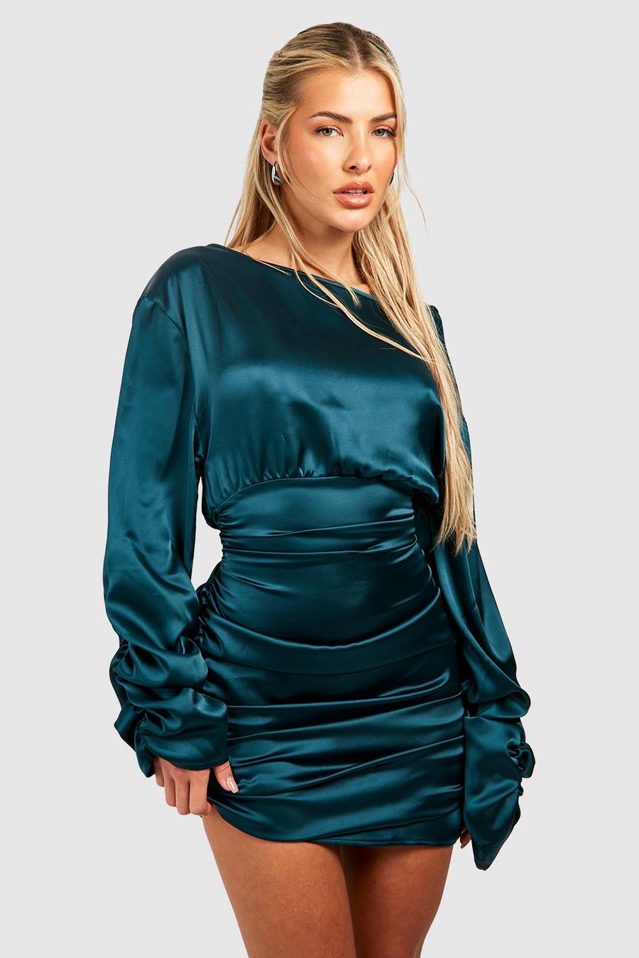 Emerald Satin Ruched Volume Sleeve Mini Dress