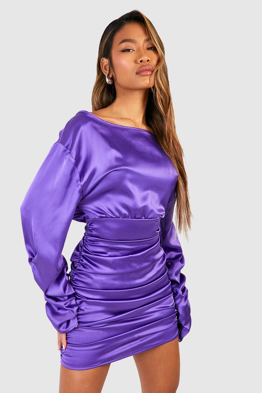 Purple Satin Ruched Puff Sleeve Mini Dress