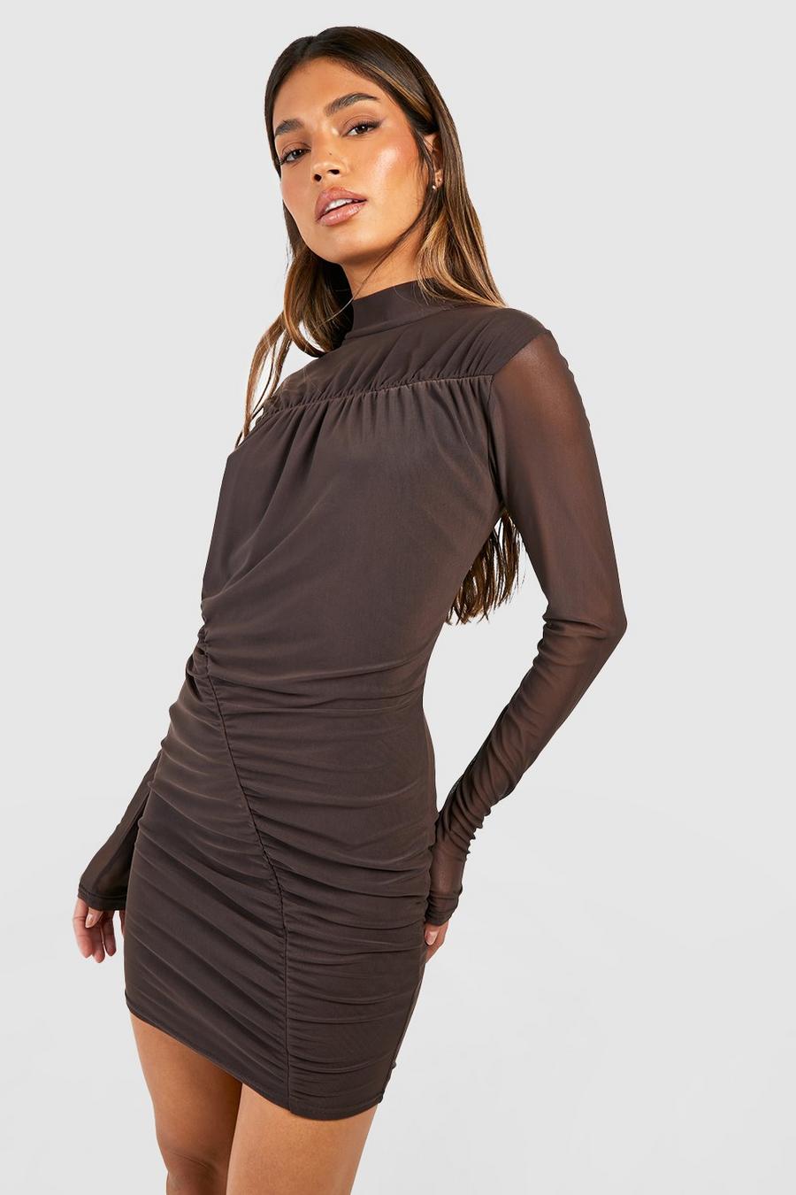 Chocolate Mesh Ruched High Neck Mini Dress