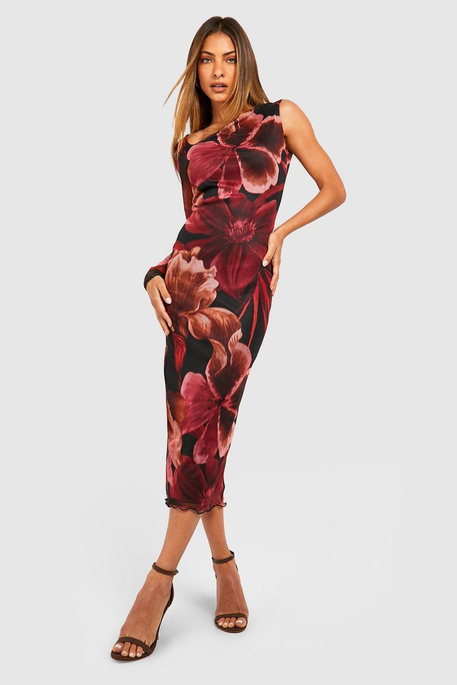 Black Abstract Floral Mesh One Shoulder Midaxi Dress