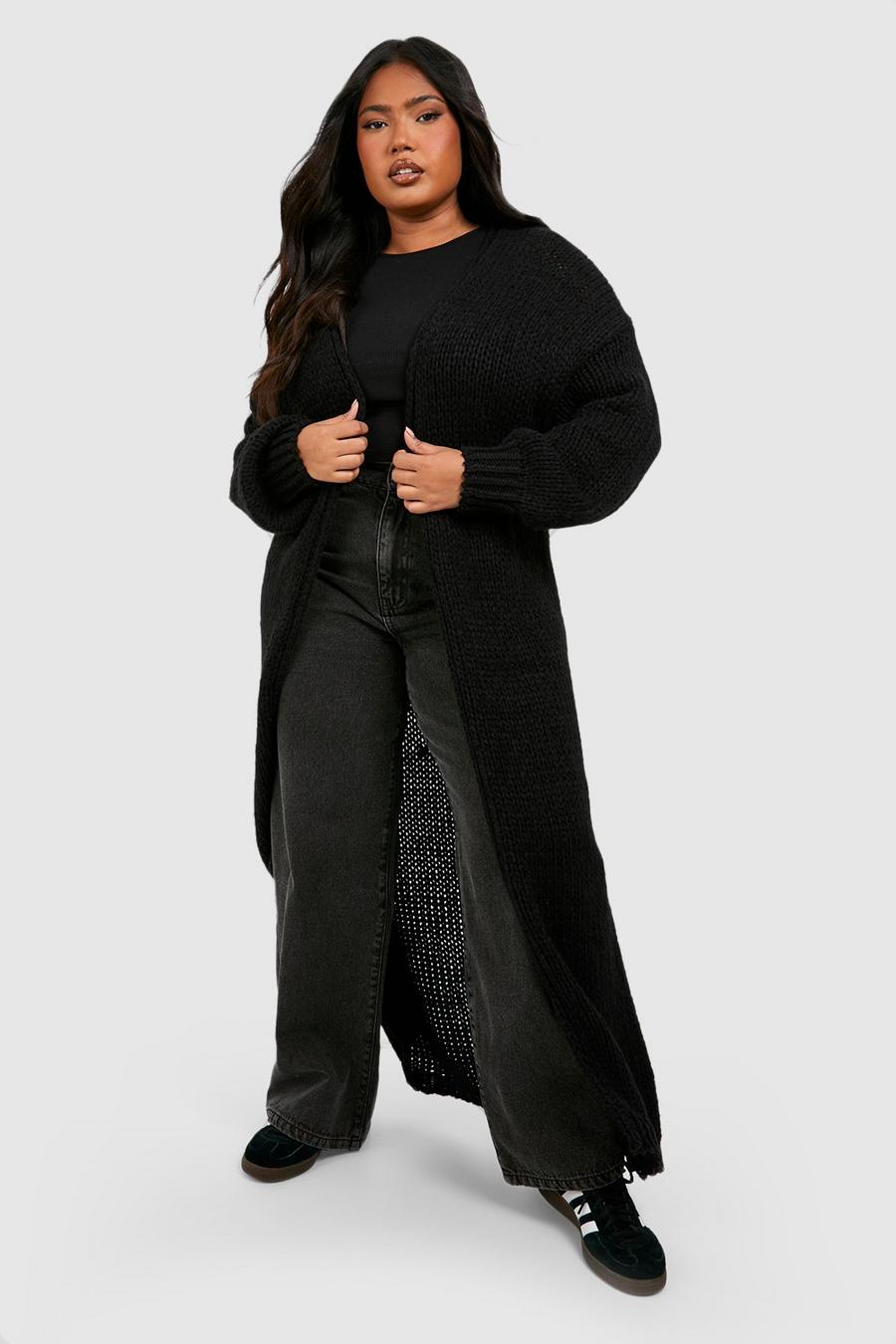 Cardigan maxi Plus Size Premium in maglia spessa, Black