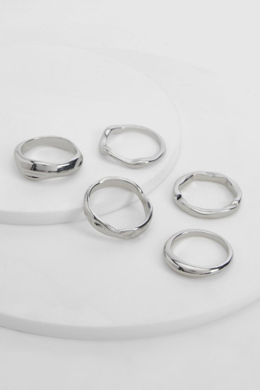 Pack de 5 anillos ondulados, Silver