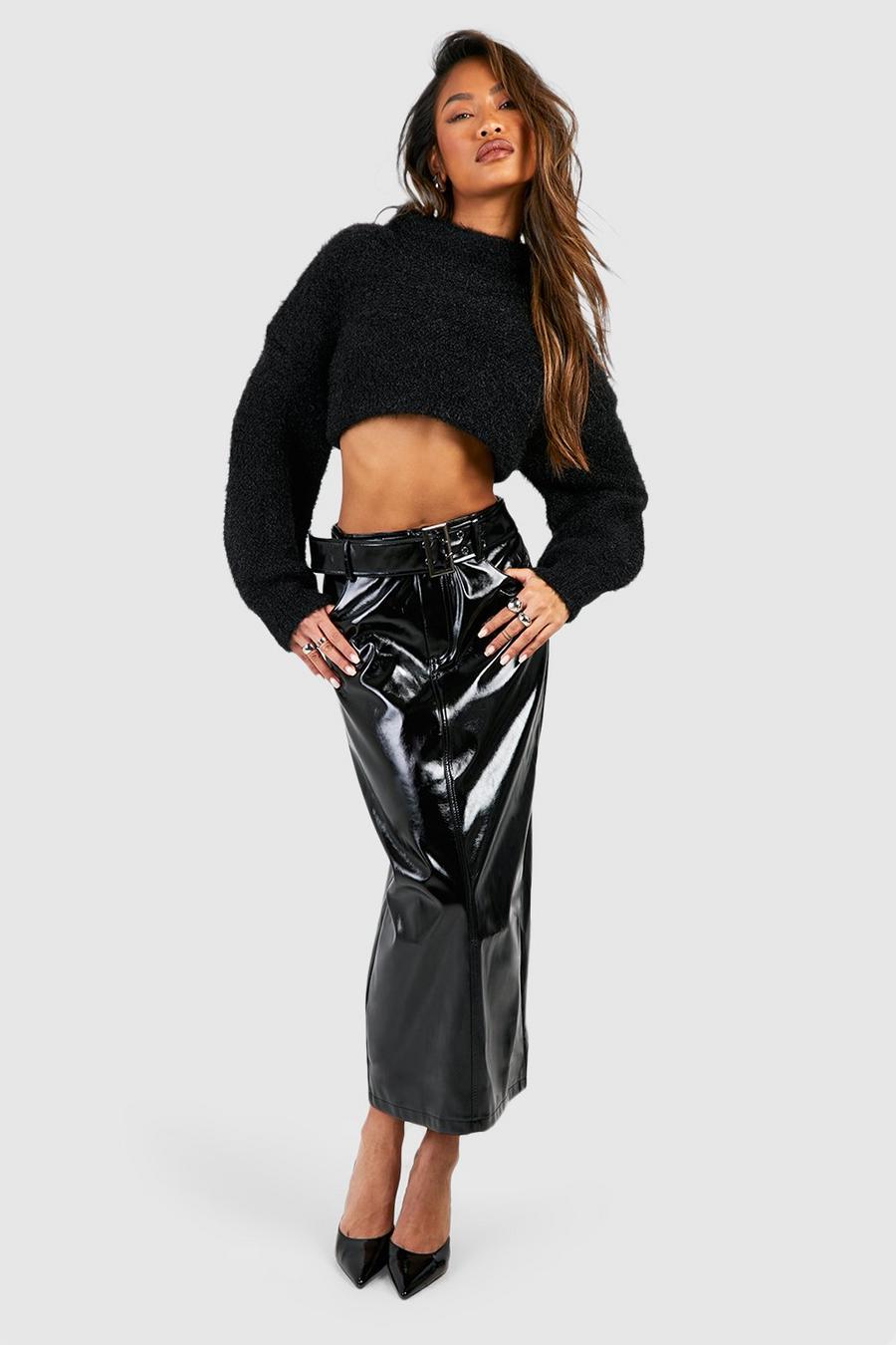 Black Premium Vinyl Belted Midi Skirt