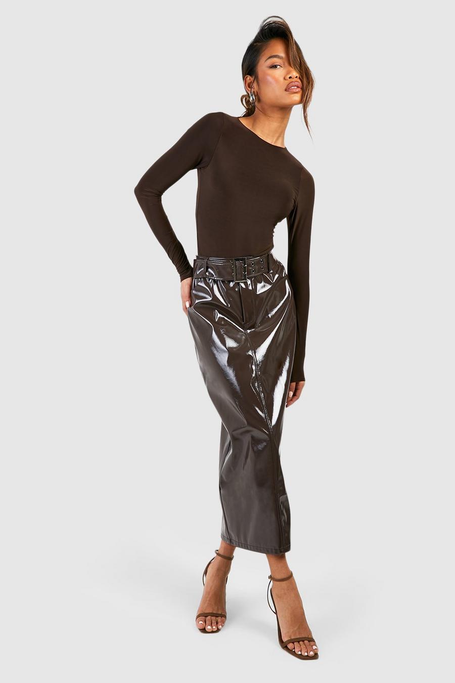 Chocolate Premium Vinyl Belted Midi Skirt