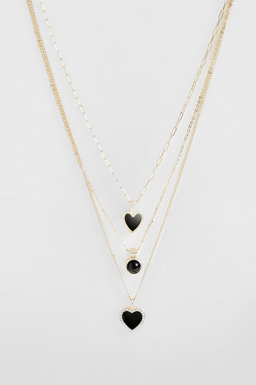 Gold Triple Chain Heart Pendant Necklace 