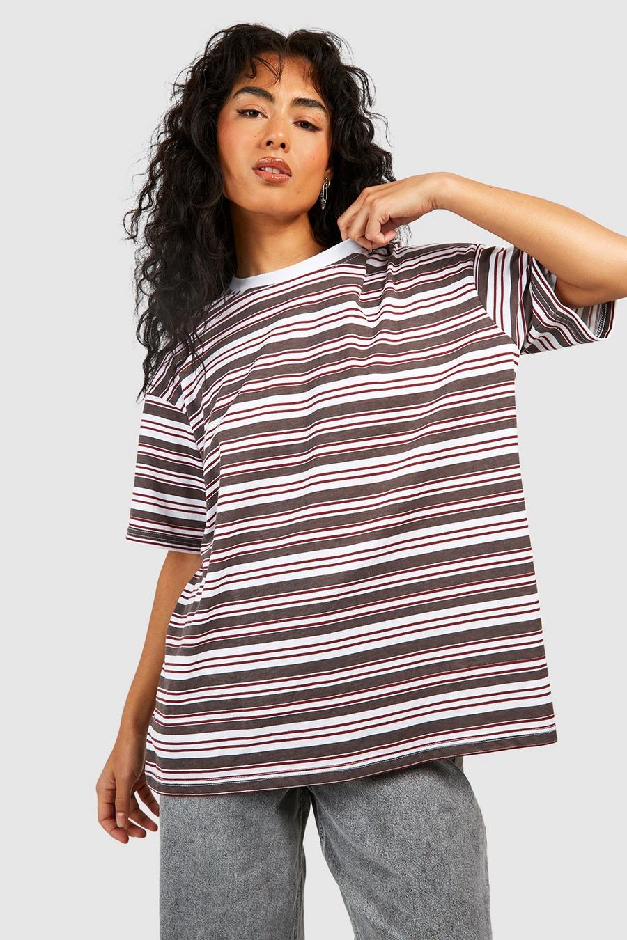 T-shirt oversize Basic in cotone a righe, Chocolate image number 1
