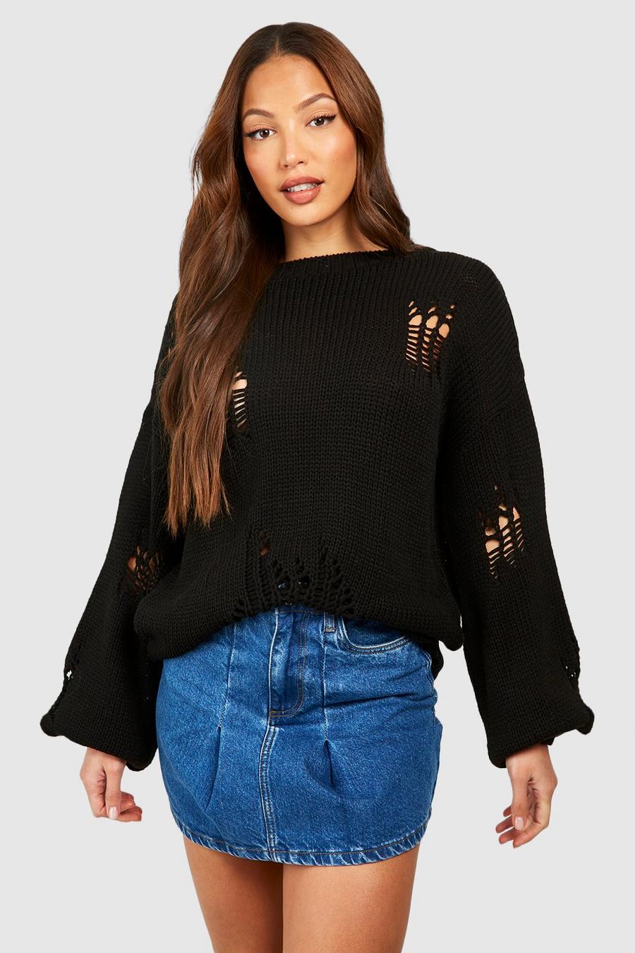 Black Tall Chunky Ladder Stitch Grungy Jumper image number 1