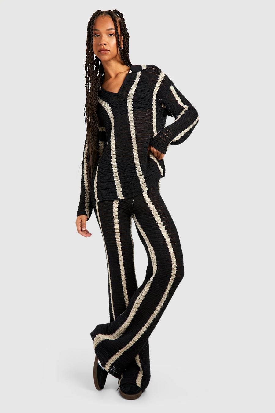 Black Tall Stripe Crochet Knitted Co-ord image number 1