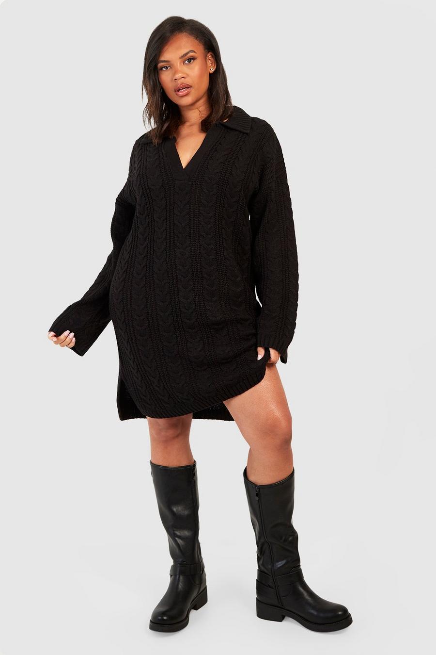 Black Plus Collared Side Split Sweater Dress