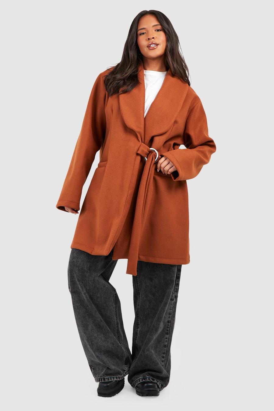 Cappotto Plus Size Premium effetto lana con colletto, Chocolate