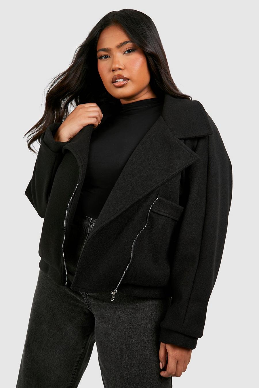 Black Plus Wool Look Collared Zip Up Jacket 