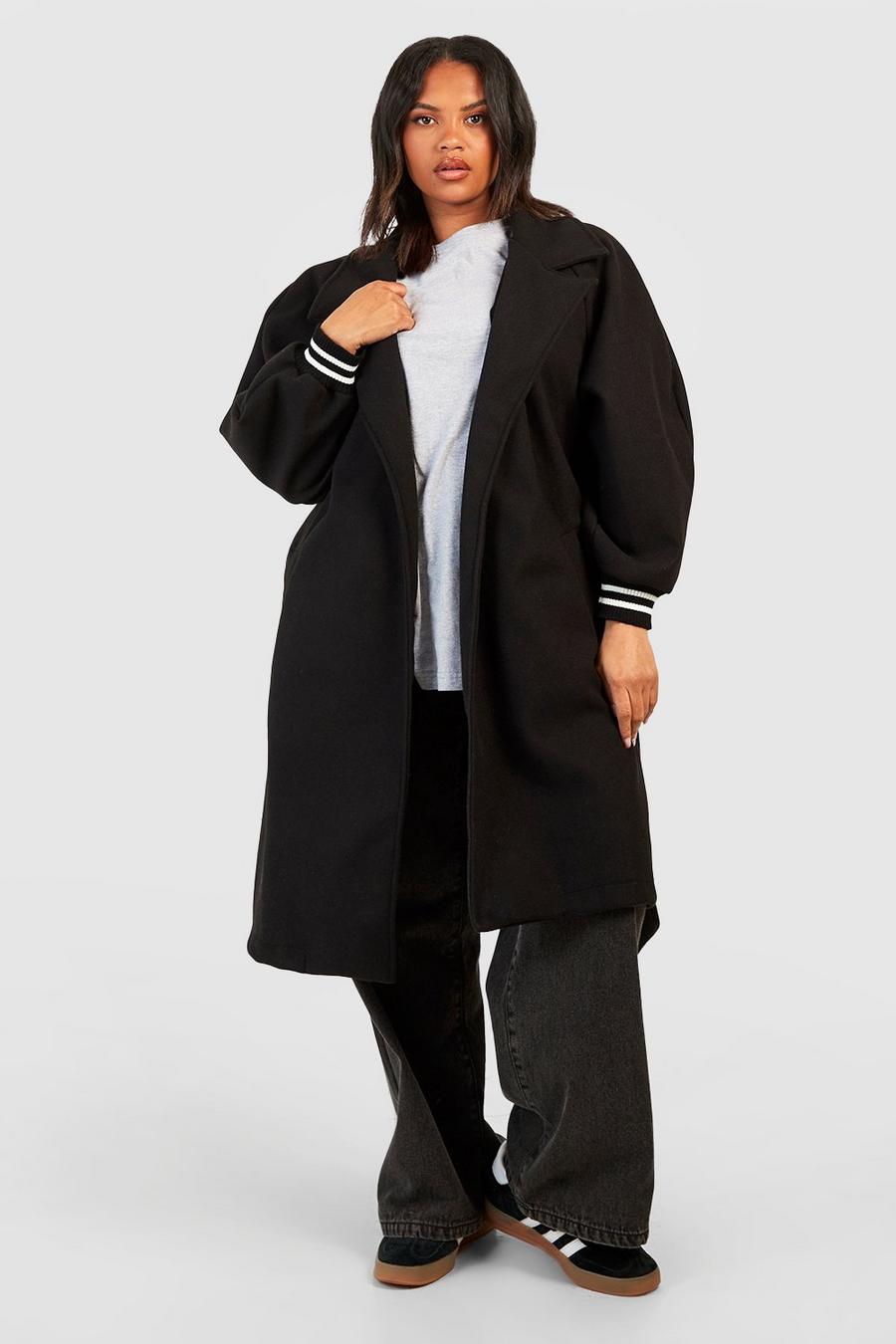 Plus Mantel in Wolloptik mit Kontrast-Streifen und Gürtel, Black