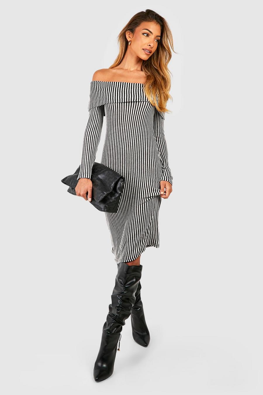 Stone Stripe Rib Bardot Midi Dress image number 1