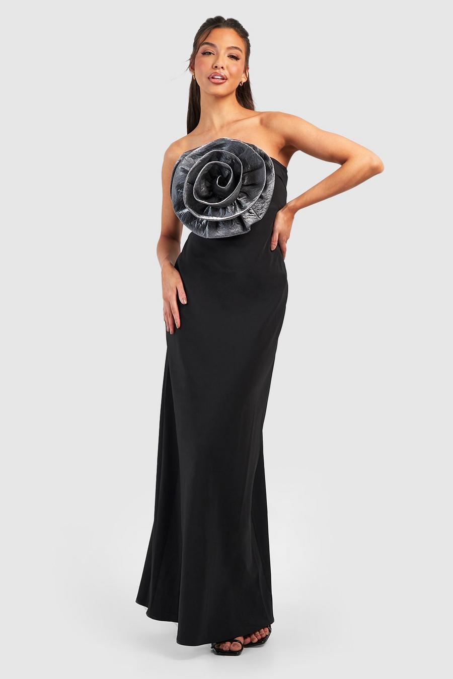 Vestido maxi palabra de honor con estampado de rosas metálicas en contraste, Black