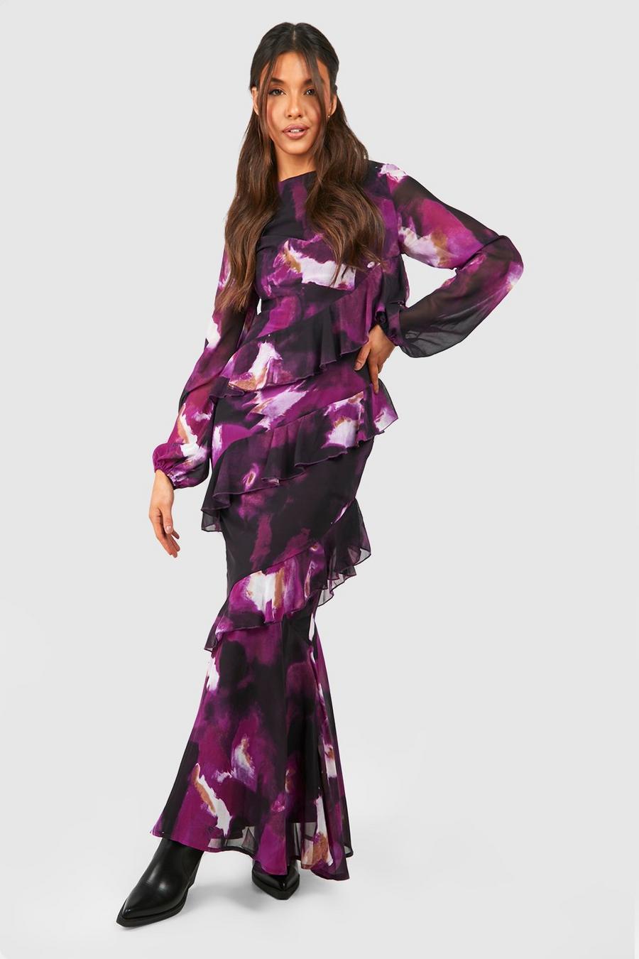Vestito maxi in chiffon con stampa astratta e arricciature, Purple