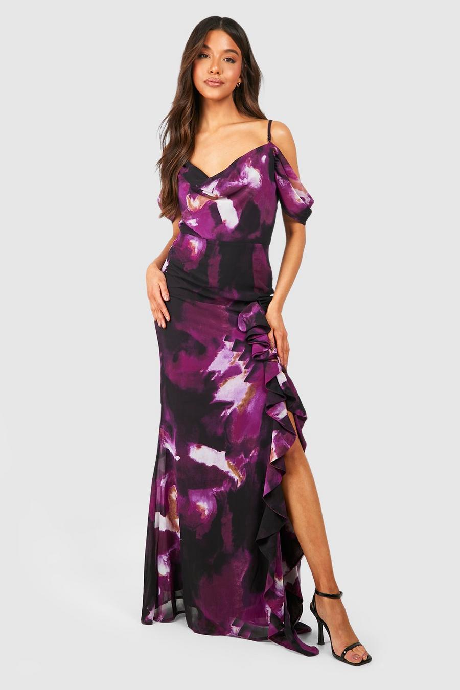 Purple Abstract Chiffon Cold Shoulder Maxi Dress image number 1