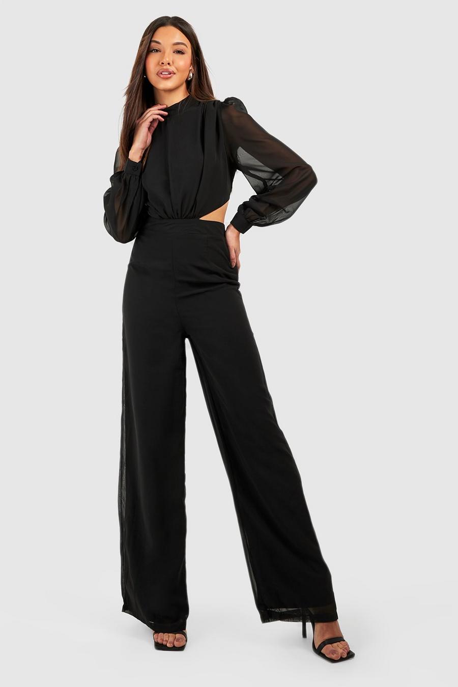 Black Chiffon Cut Out Detail Wide Leg Jumpsuit