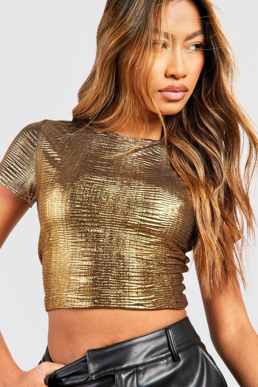 Kurzes T-Shirt in goldenem Metallic-Optik, Gold
