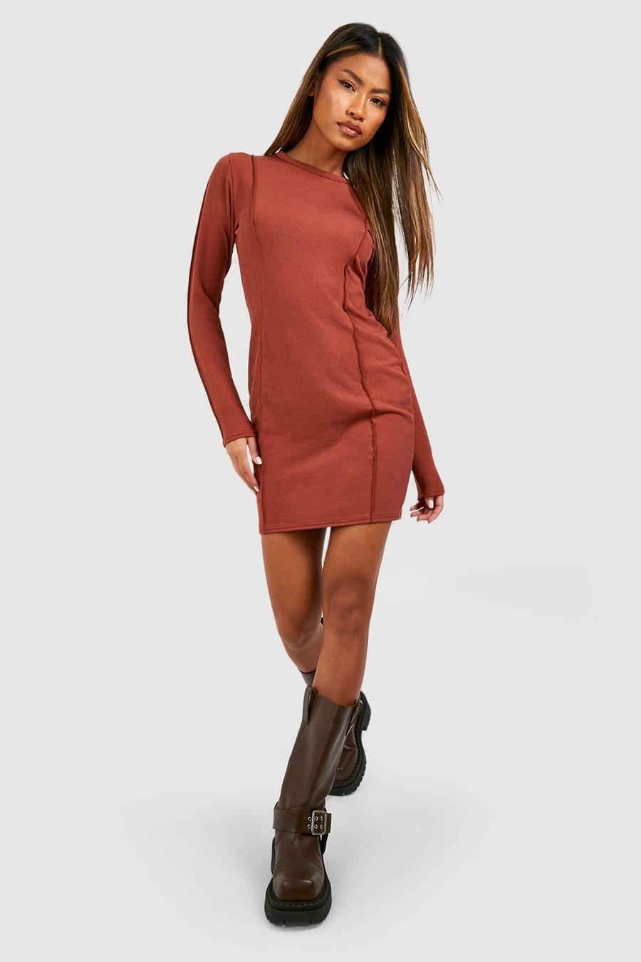 Rust Compact Rib Seam Detail Mini Dress