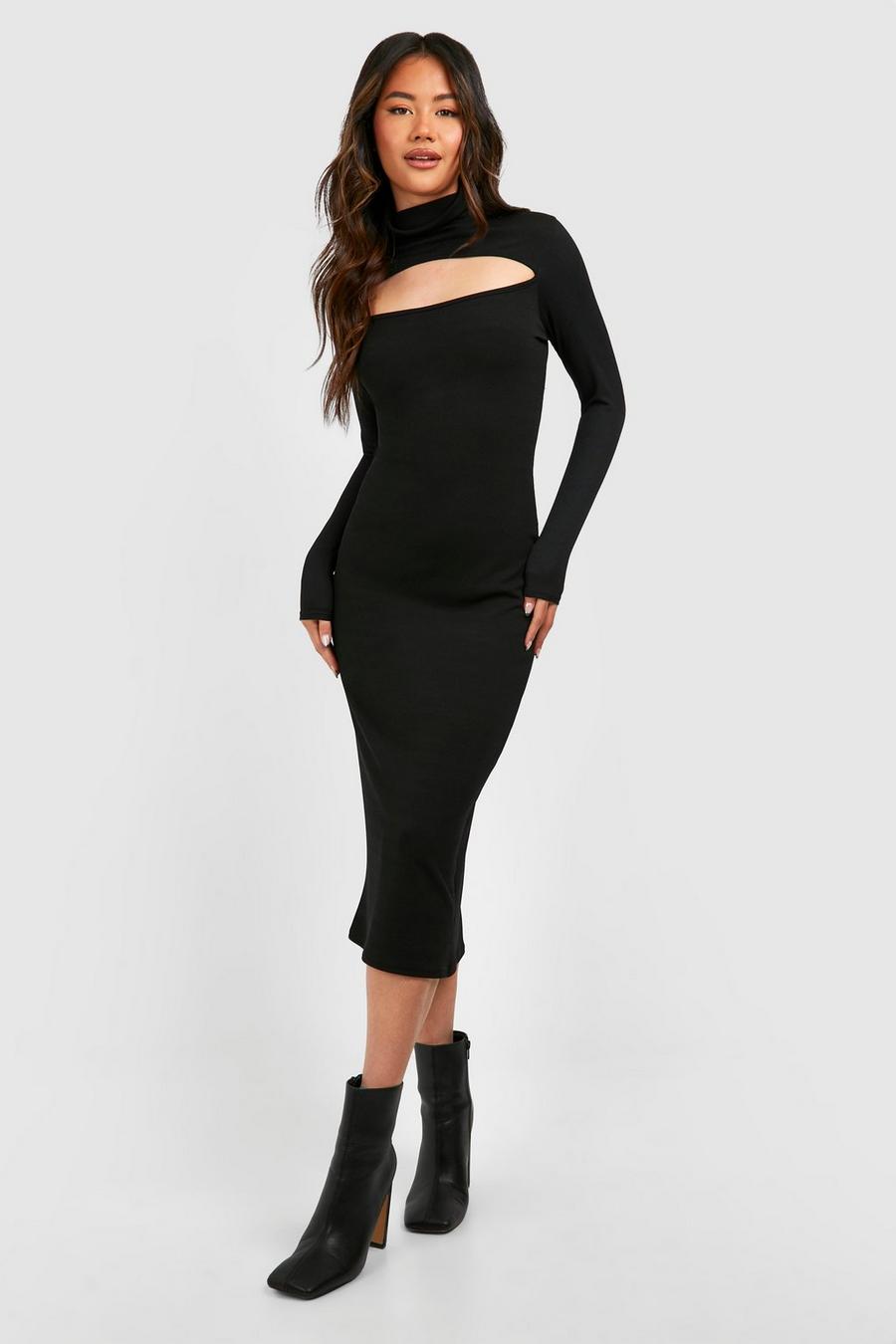 Black Compact Rib Roll Neck Cut Out Midi Dress image number 1