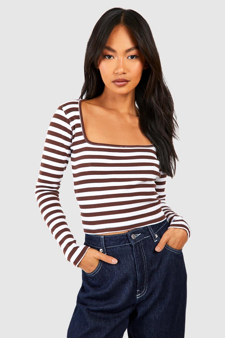 Chocolate Basic Rib Square Neck Long Sleeve Striped Top image number 1