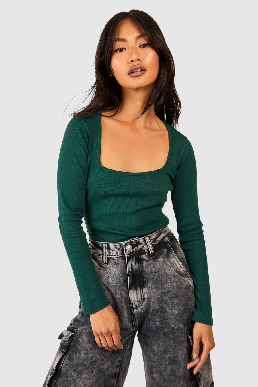 Forest Basic Rib Square Neck Long Sleeve Top 
