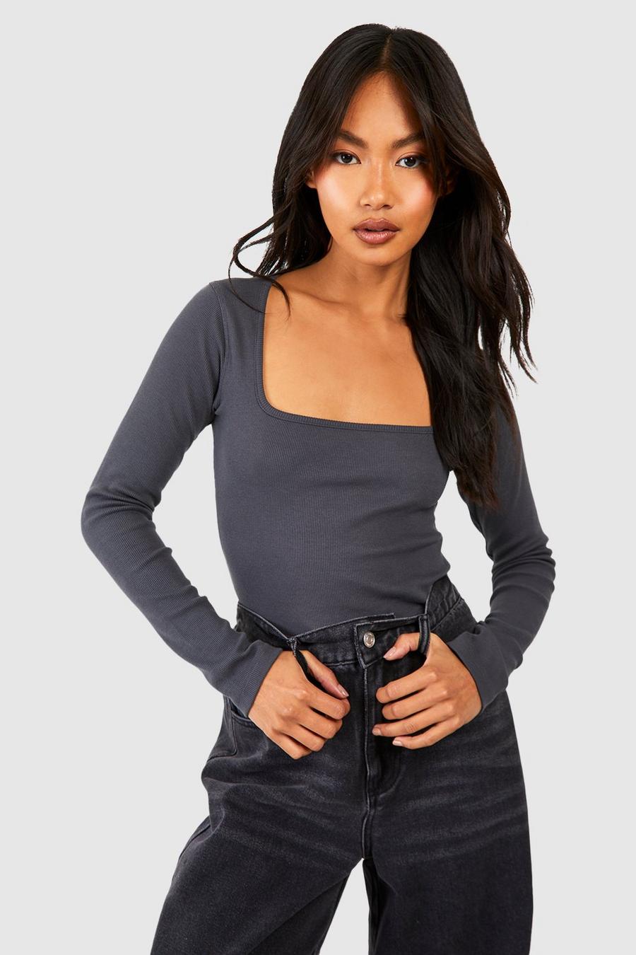 Charcoal Geribbelde Basic Top Met Vierkante Hals En Lange Mouwen