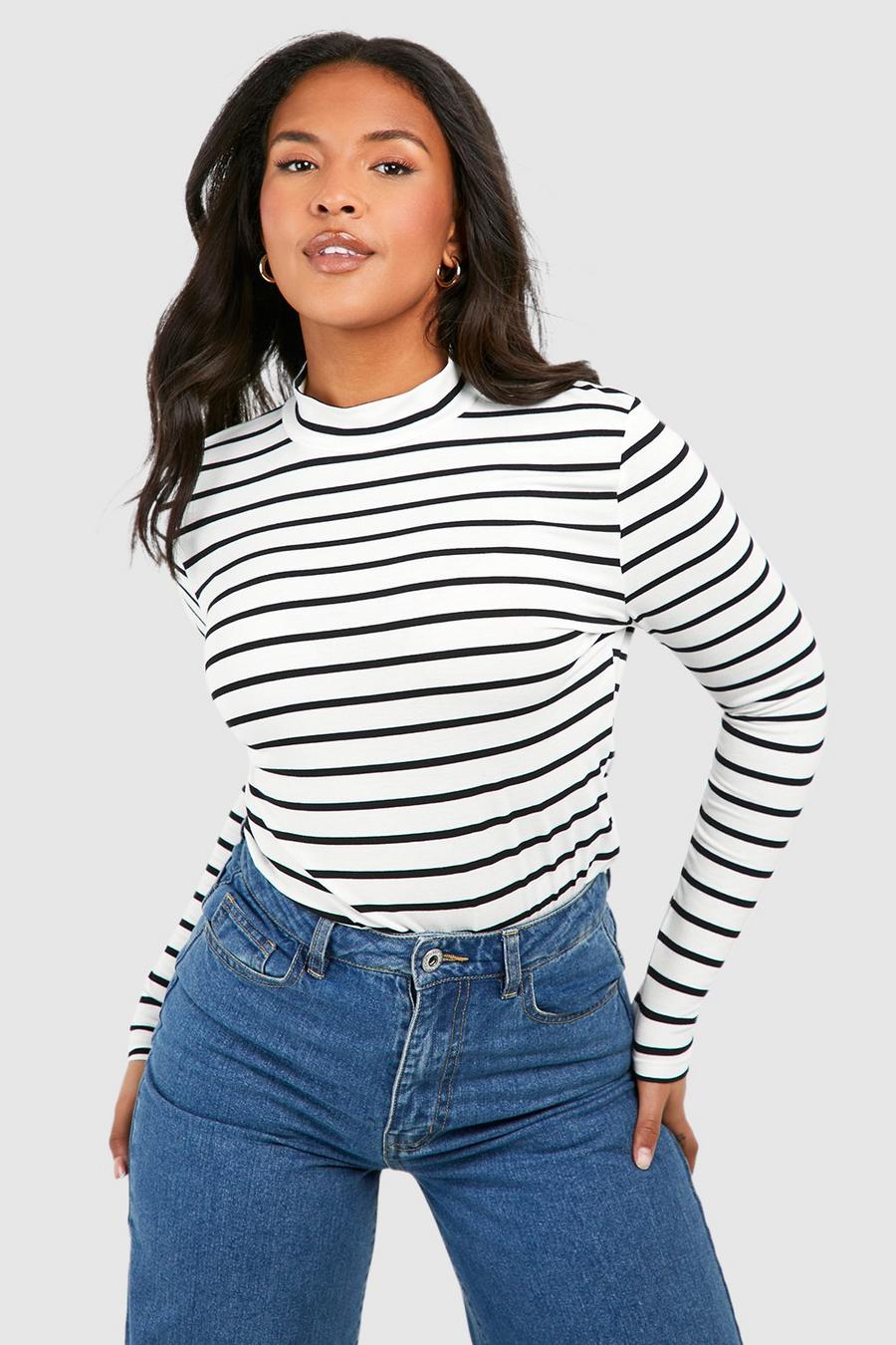 Plus Stripped Roll Neck Top