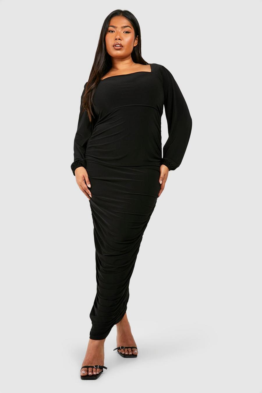 Black Plus Slinky Ruched Detail Midaxi Dress