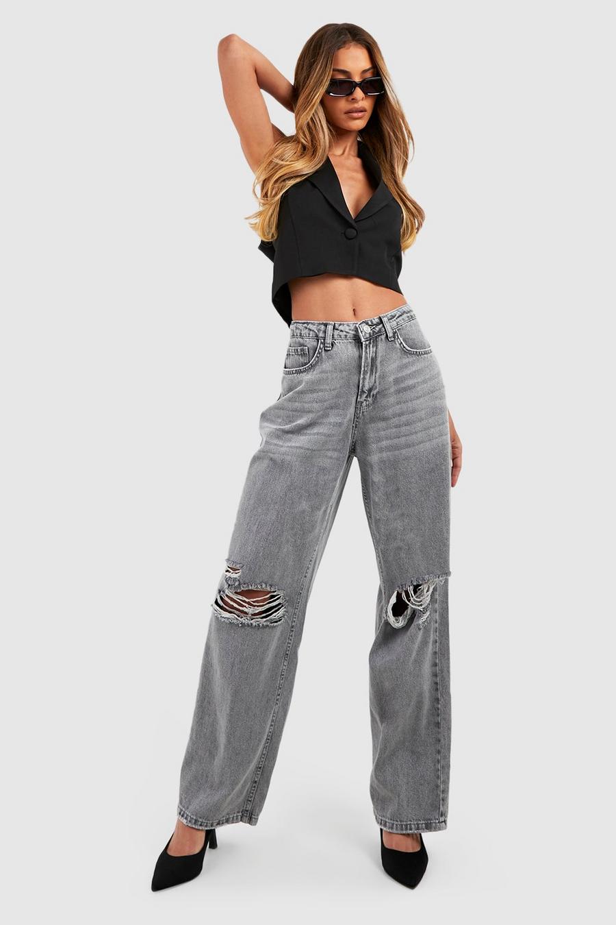 Grey Ripped Knee Distressed High Waist Wide Leg Jeans