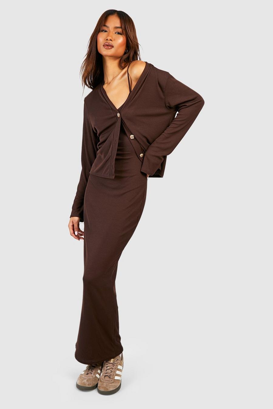 Chocolate Tall Rib Midaxi Dress With Matching Cardigan