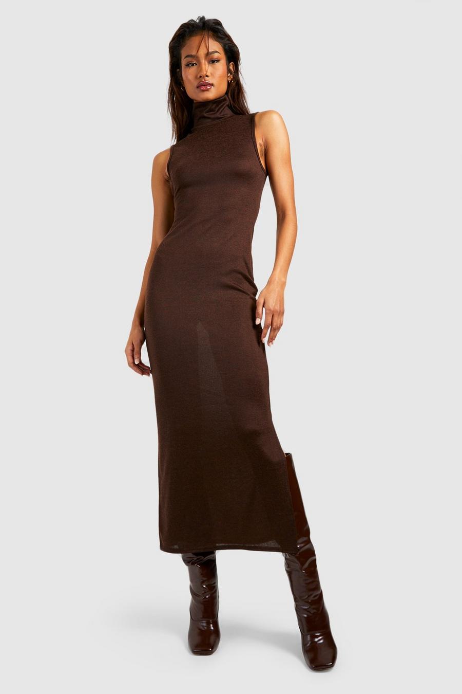 Chocolate Tall Lightweight Knitted Turtleneck Sleeveless Midi Dress