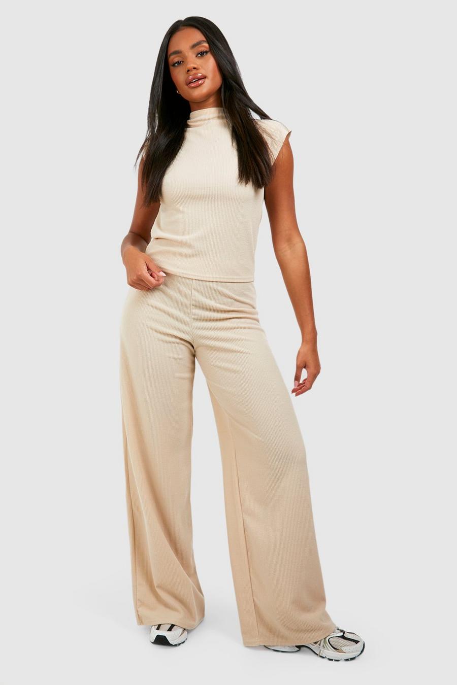 Soft beige Ribbed Sloughy Wide Leg Trousers