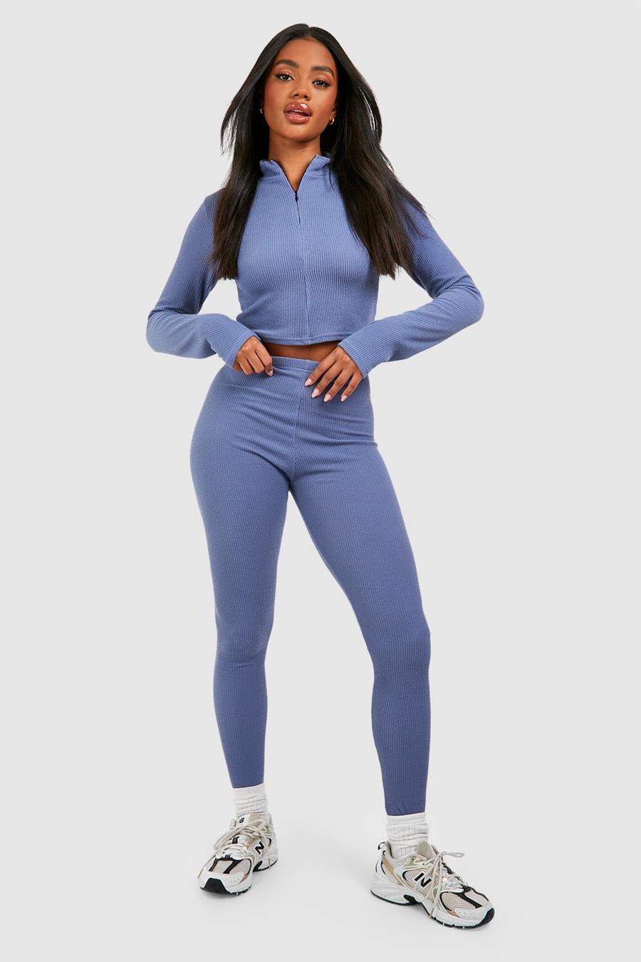 Slate blue Ribbade leggings med hög midja image number 1