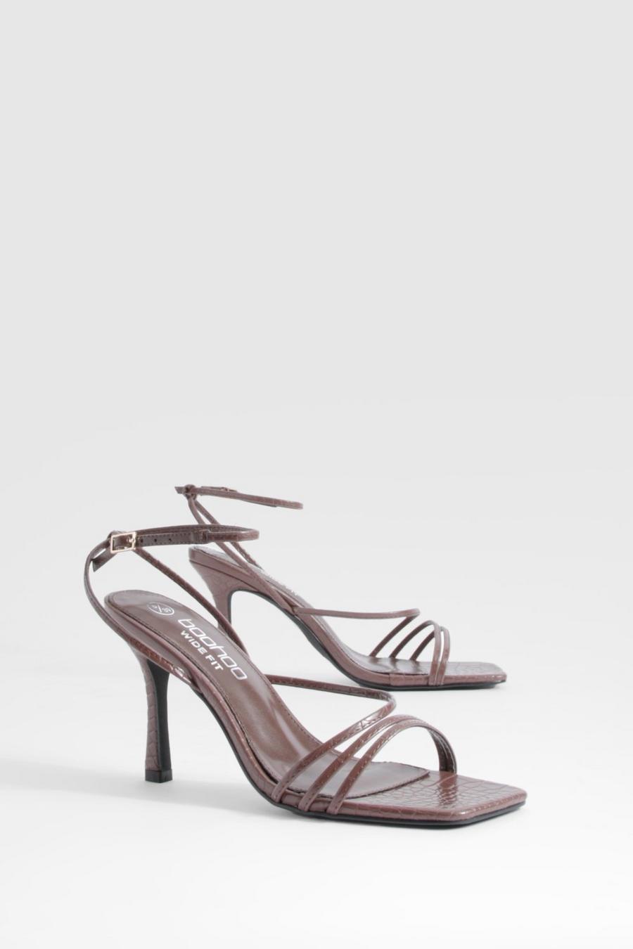 Chocolate Wide Width Croc Asymmetric Strap Stiletto Heels