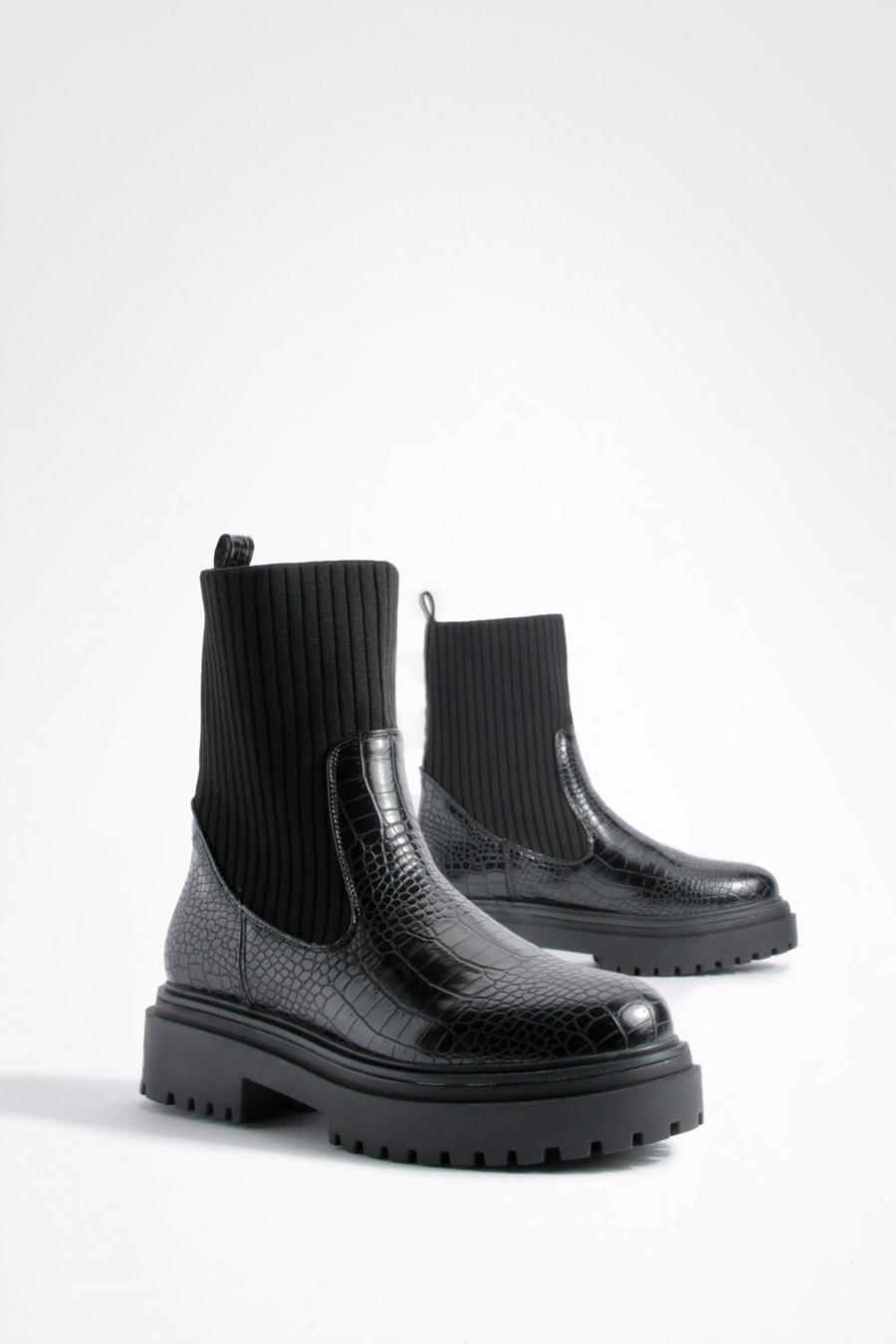 Black Croc Chunky Sole Knitted Chelsea Boots 