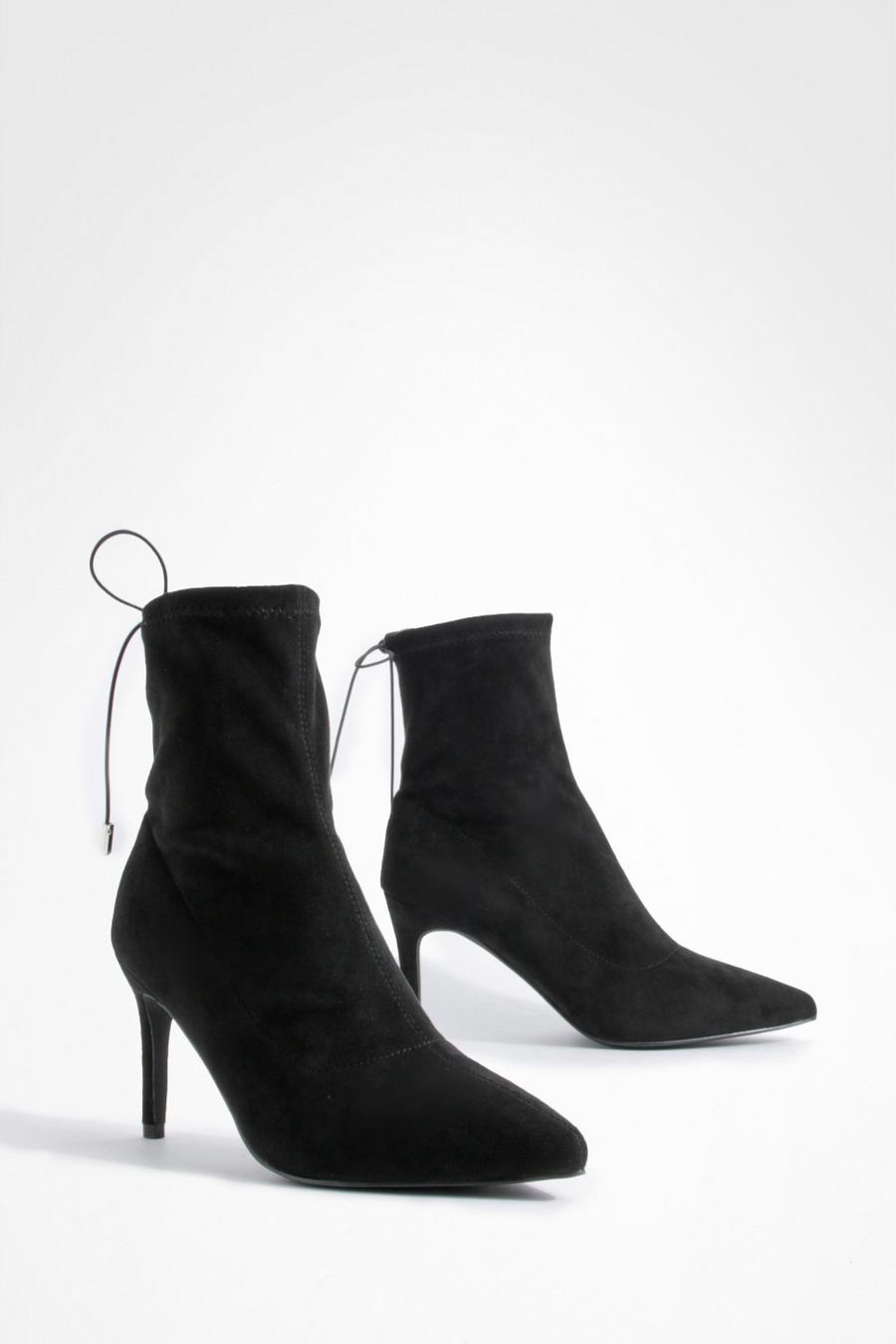 Breite Passform Socken-Stiefel mit Stiletto-Absatz und Schnür-Detail, Black