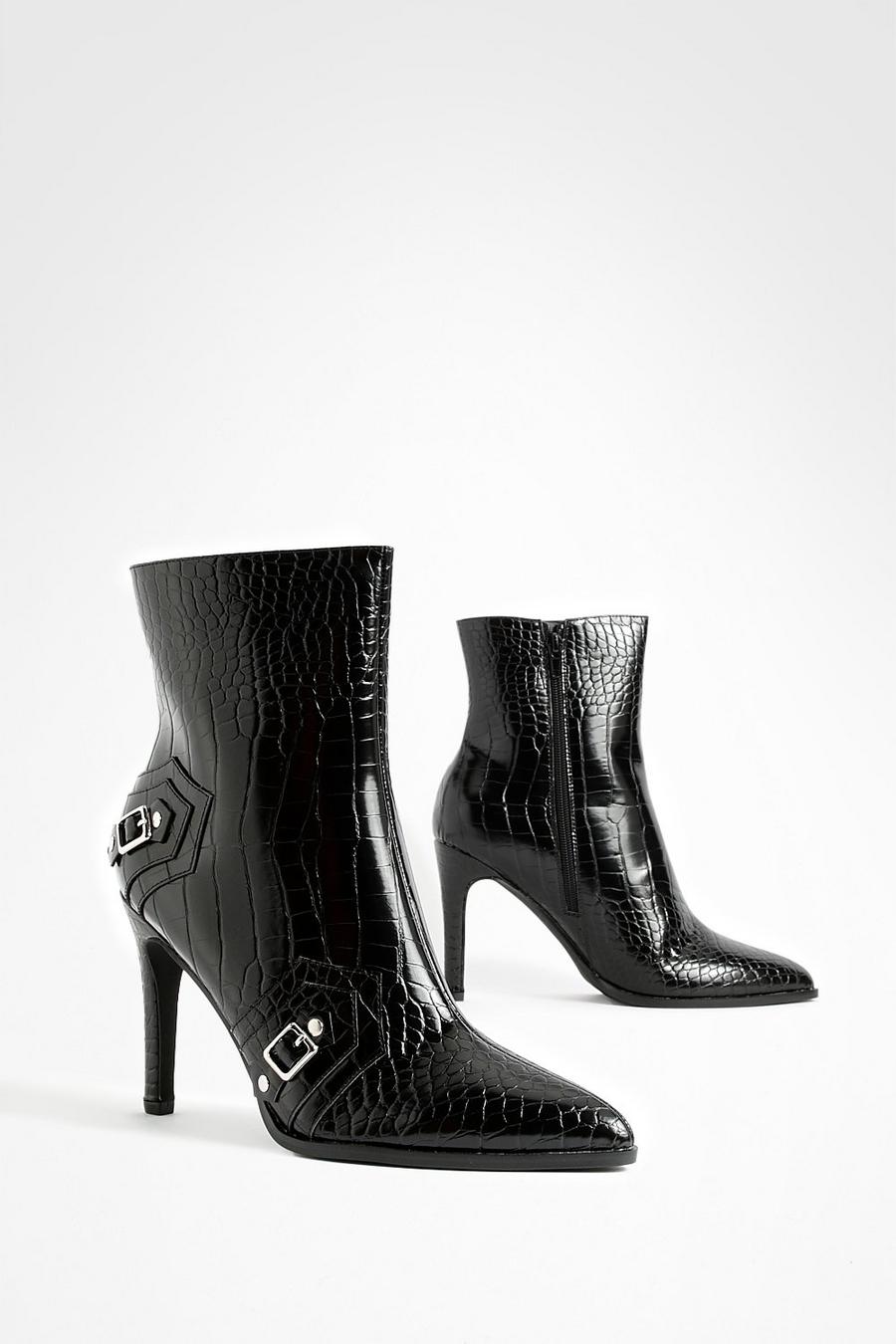 Black Croc Stud Detail Stiletto Ankle Boots  
