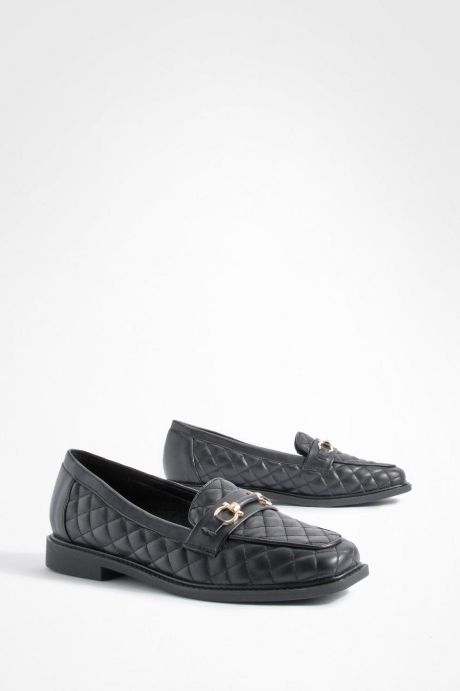 Black Brede Gewatteerde Loafers Met Vierkante Neus En Stiksels