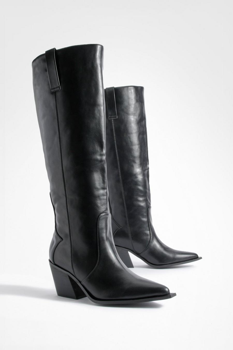 Black Wide Fit Western Cowboy Knee High Boots