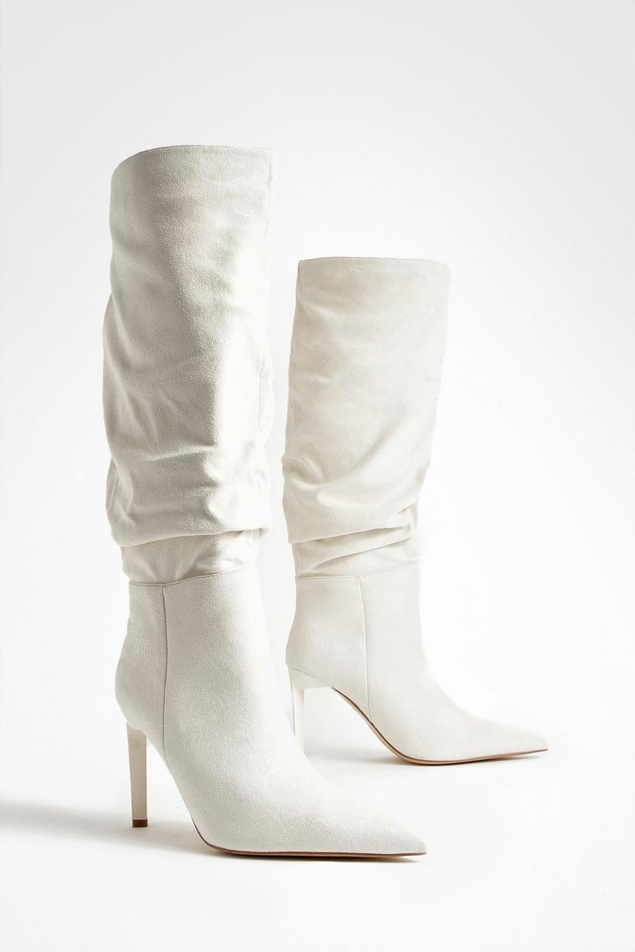 Cream Ruched Stiletto Pointed Toe Boots