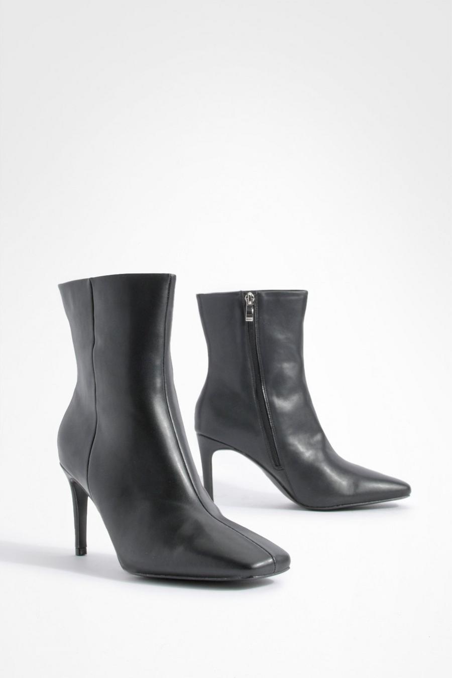 Black Wide Fit Square Toe Stiletto Ankle Boots 