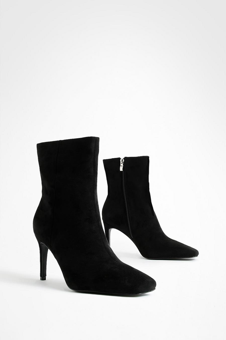 Black Wide Width Square Toe Stiletto Ankle Boots