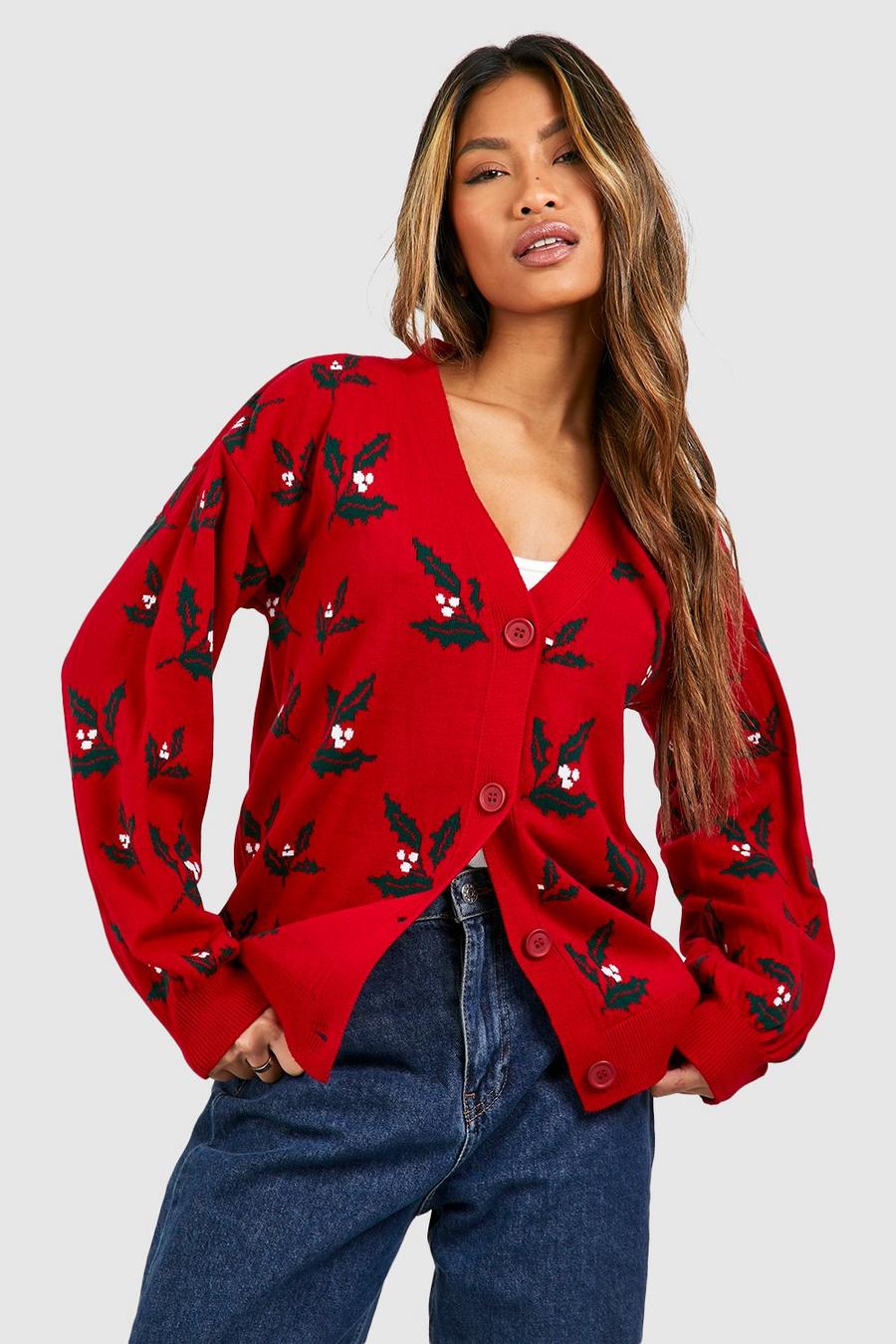 Red Holly Print Christmas Cardigan  image number 1