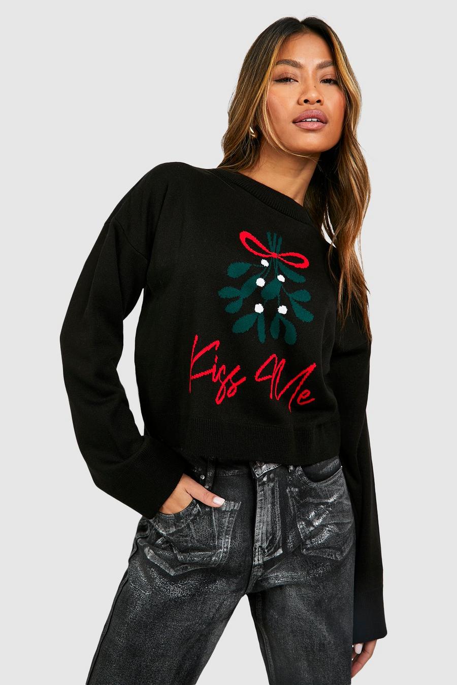 Maglione corto natalizio con slogan Kiss Me e motivi Fairisle, Black