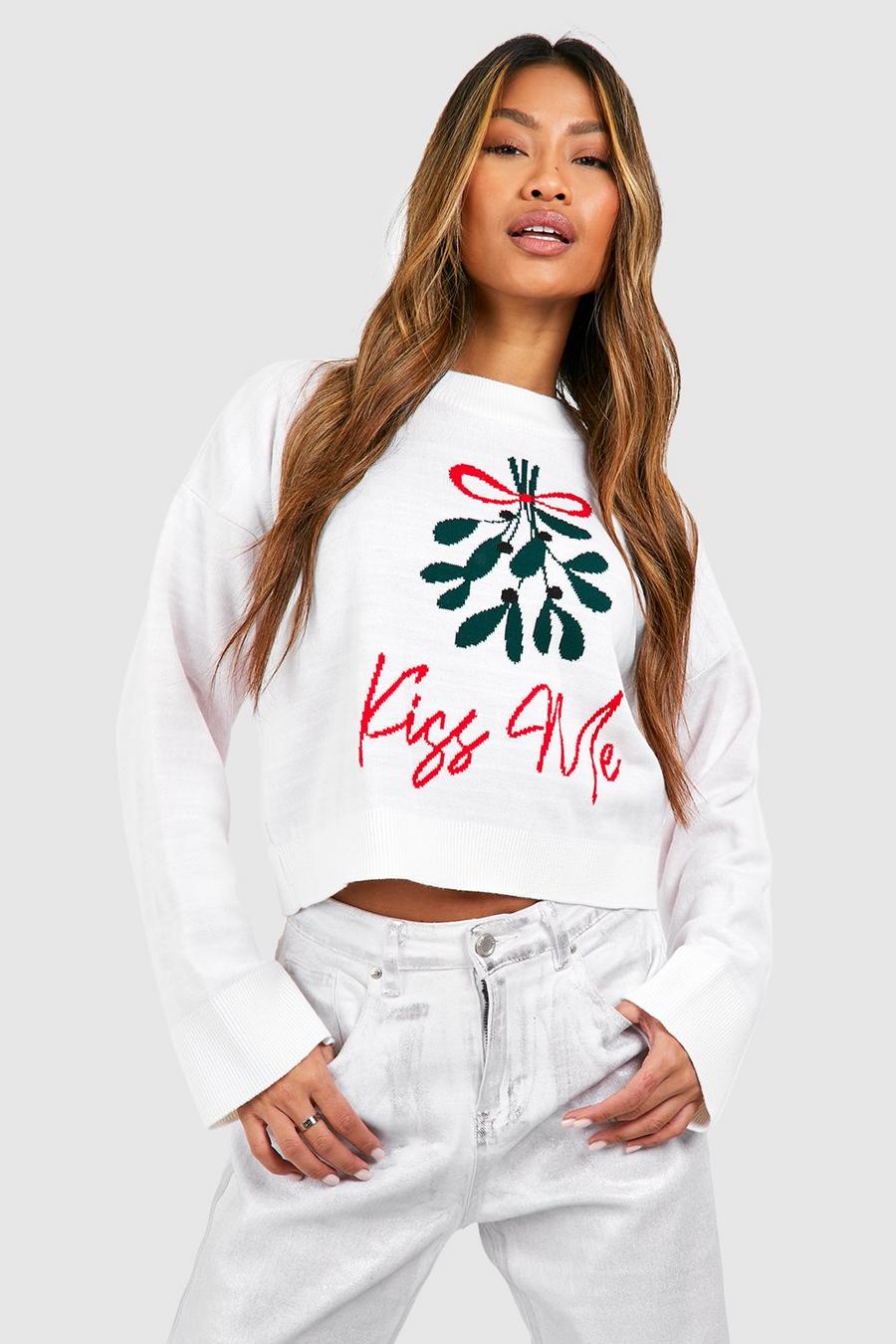 Maglione corto natalizio con slogan Kiss Me e motivi Fairisle, White