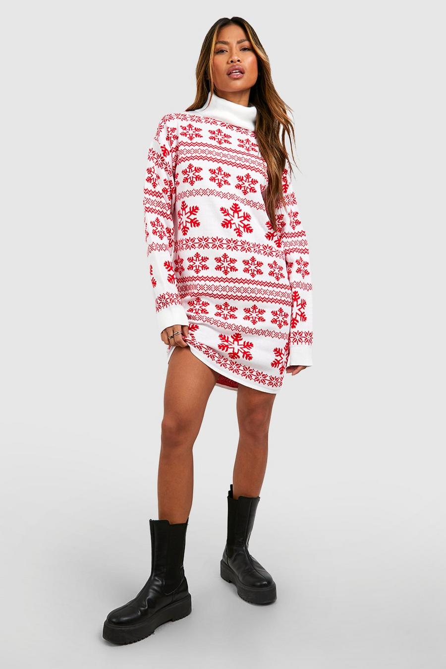 Weihnachts-Pulloverkleid mit Rollkragen und Schneeflocken, Red